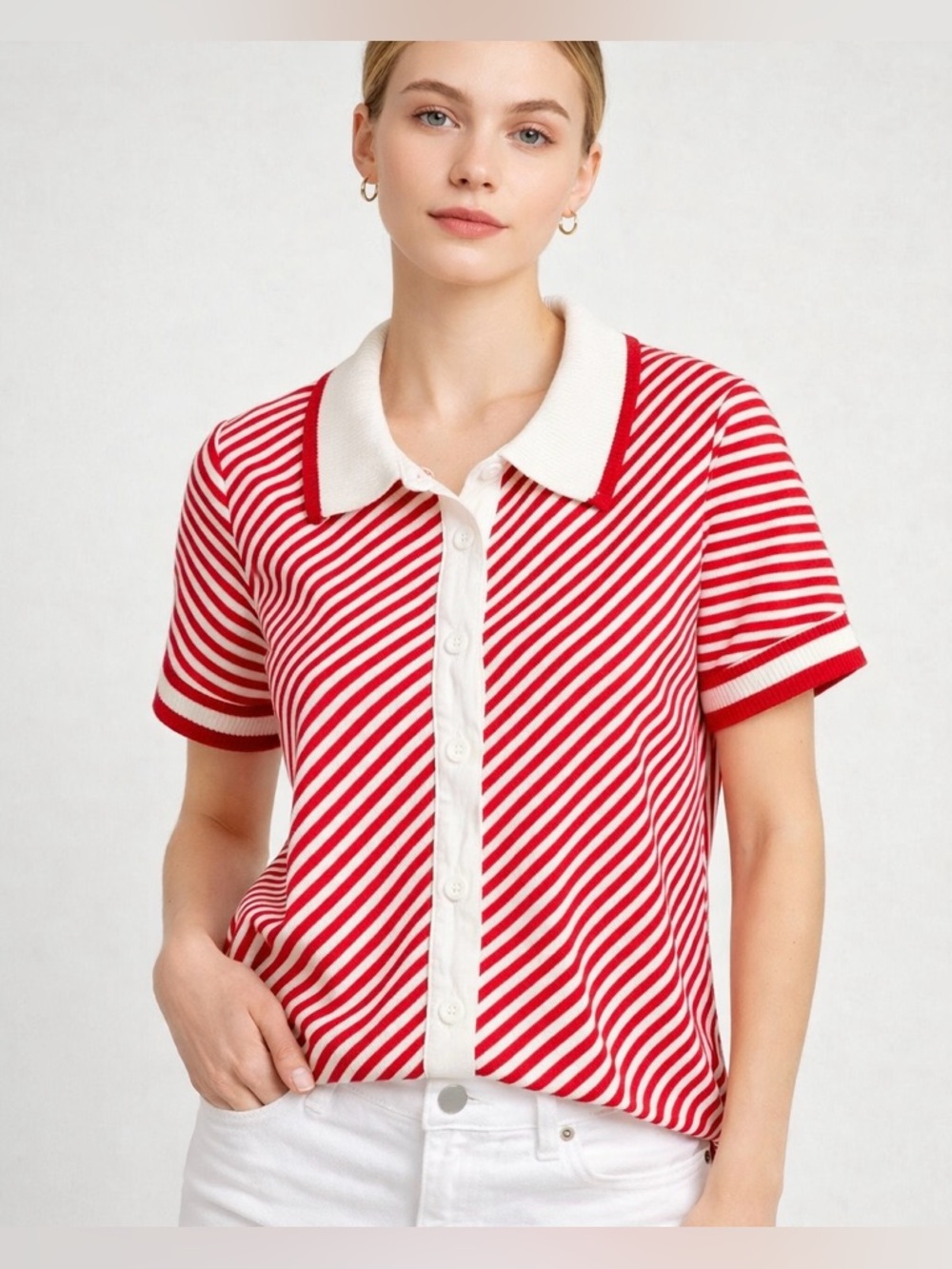 BIS Red White Striped Button Down Blouse Knit Collar Short Sleeve Retro Chic M/L